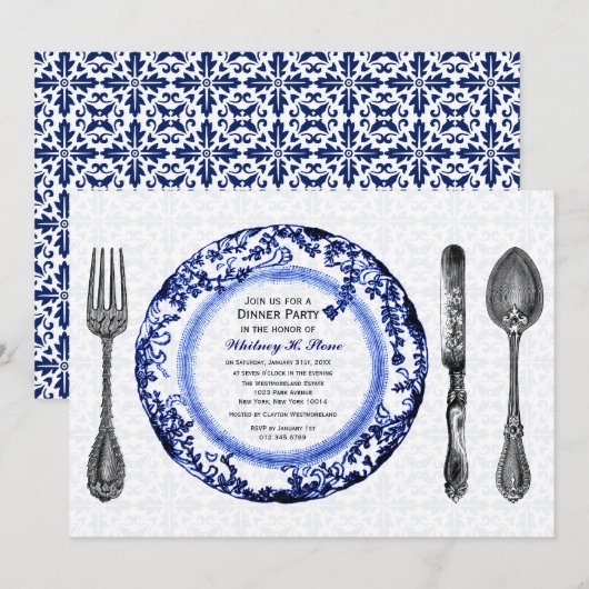 Blue Fine Dining Party Einladung (Vorne/Hinten)