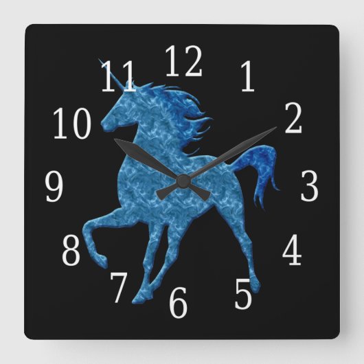Blue Fire Unicorn Quadratische Wanduhr (Vorderseite)