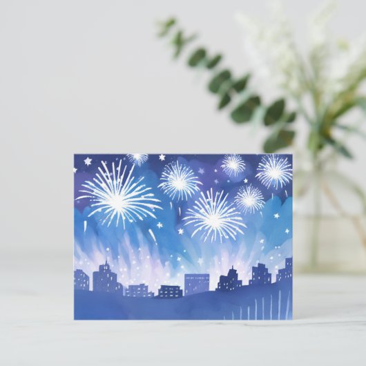 Blue Firework Display | Feuerwerk Wasserfarbe Postkarte (Stehend Vorderseite)