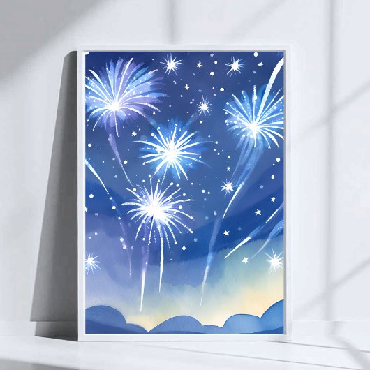 Blue Fireworks | Firework Celebration Watercolor Poster