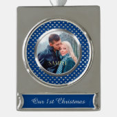 Blue First Christmas Silver Heart Banner-Ornament Silber (Vorderseite)