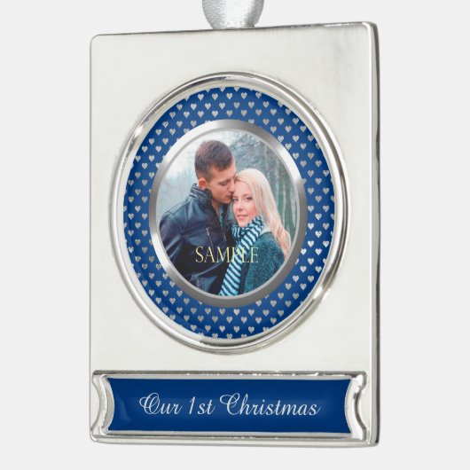 Blue First Christmas Silver Heart Banner-Ornament Silber (Links)