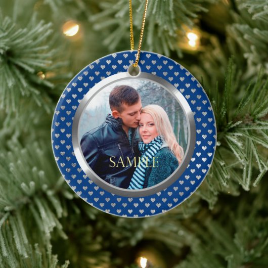 Blue First Christmas Silver Hearts Keramik Ornament (Baum)