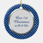 Blue First Christmas Silver Hearts Keramik Ornament (Hinten)