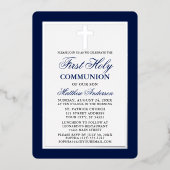 Blue First Holy Communion Foto Silver Frame Folieneinladung (Vorderseite)