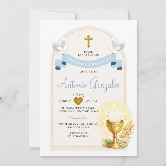 Blue First Holy Communion Invitation Einladung (Vorderseite)