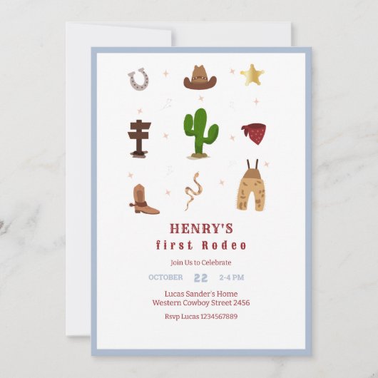 Blue First Rodeo Cowboy Kindergeburtstag Einladung (Vorderseite)