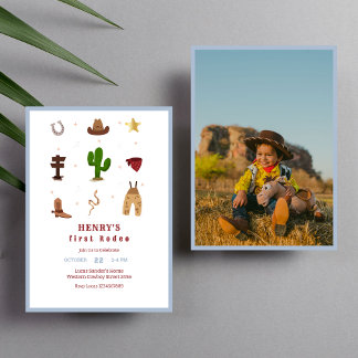 Blue First Rodeo Cowboy Kindergeburtstag Foto Einladung