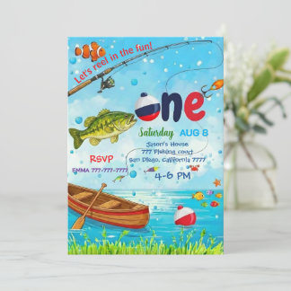 Blue Fish Boat Ofishally One 1st Birthday Invitati Einladung