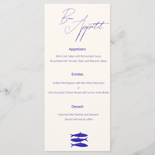 Blue Fish Design Wedding Menu Italien Menükarte (Vorderseite)