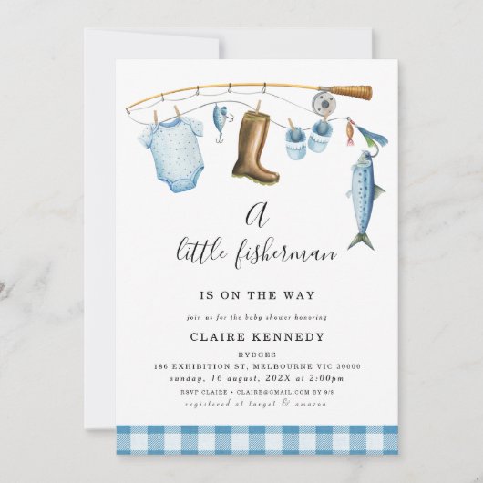 Blue Fishing Little Fisherman Baby Shower Einladung (Vorderseite)