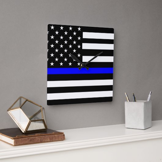 Blue Flag Thin Line Quadratische Wanduhr (Büro)