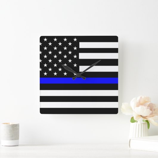 Blue Flag Thin Line Quadratische Wanduhr (Zuhause)