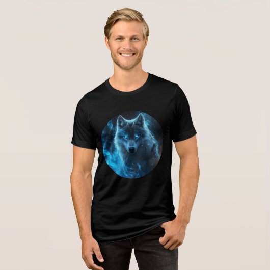 Blue Flame Cosmic Wolf Art Print Tri-Blend Shirt (Vorderseite voll)