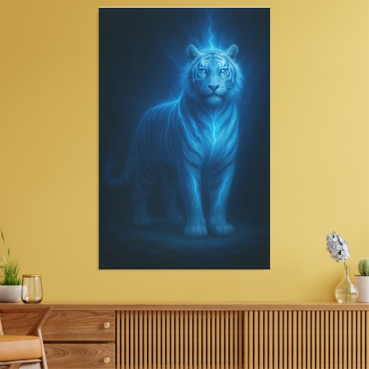 Blue Flame Lightning White Tiger – Celestial Storm Leinwanddruck (Insitu (Wohnzimmer))