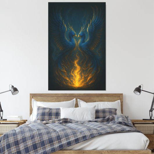 Blue Flame Phoenix Twins – Fine Art Mythical Bird Leinwanddruck (Insitu (Schlafzimmer))