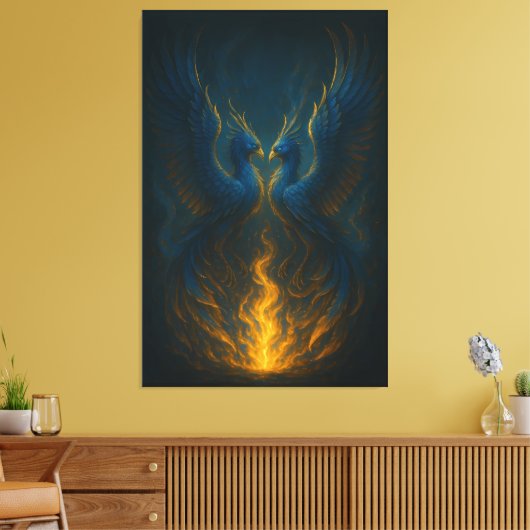 Blue Flame Phoenix Twins – Fine Art Mythical Bird  Leinwanddruck (Insitu (Wohnzimmer))