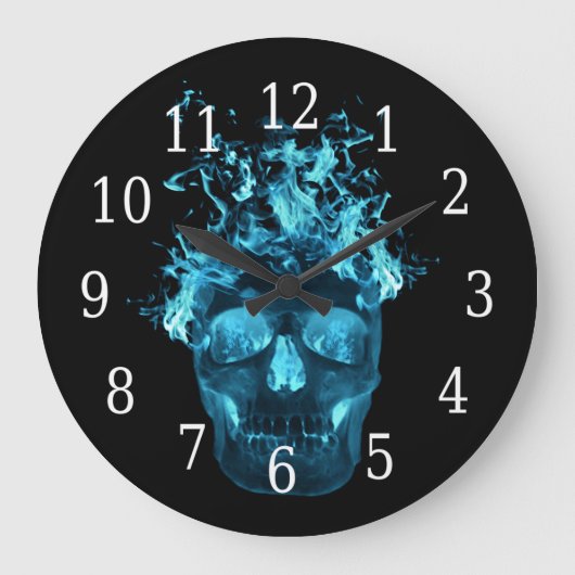 Blue Flaming Skull Round Clock Große Wanduhr (Vorderseite)
