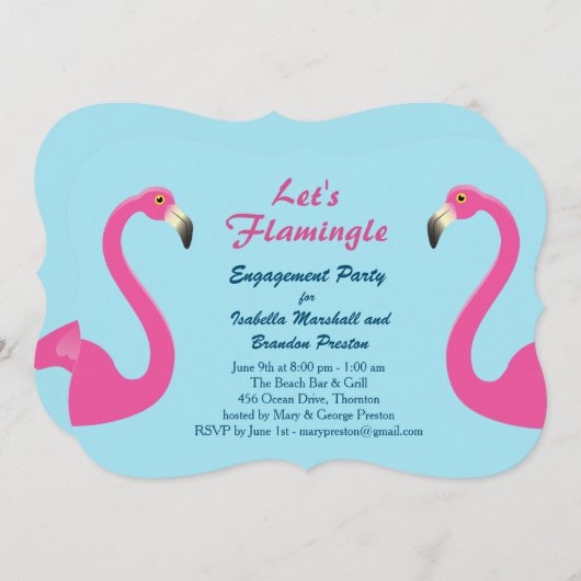 Blue Flamingo Beach Engagement Party Einladung (Vorne/Hinten)