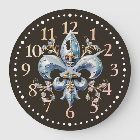 Blue Fleur de Lys Wall Clock Große Wanduhr (Vorderseite)