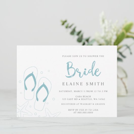 Blue Flip Flops Summer Beach Brautparty Einladung (Stehend Vorderseite)