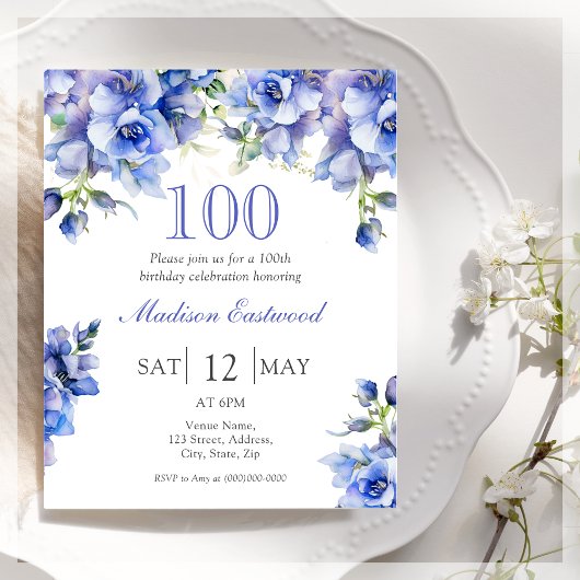 Blue Floral 100. Geburtstag Einladung