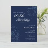 Blue Floral 100. Geburtstagsparty Einladung (Stehend Vorderseite)