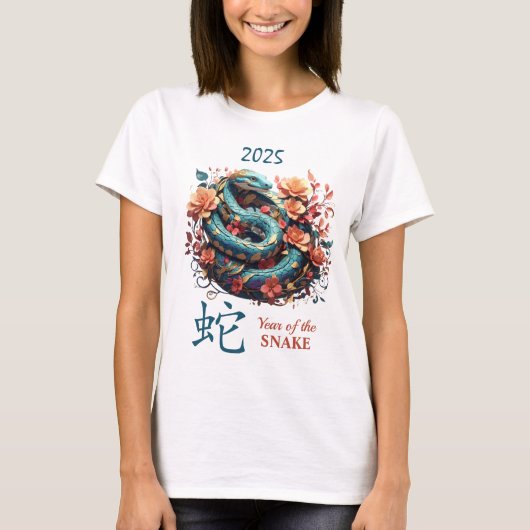 Blue Floral 2025 Chinesisches Jahr der Schlange T-Shirt (Vorderseite)