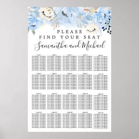 Blue Floral 20-Tisch Hochzeitskarte Poster (Vorne)