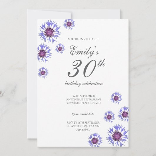 Blue Floral 30. Geburtstag Party Einladung (Vorderseite)