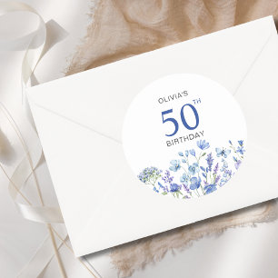 Blue Floral 50. Geburtstag Runder Aufkleber