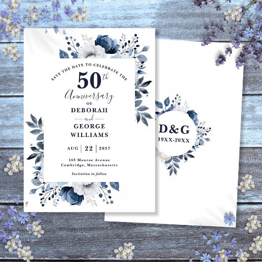 Blue Floral 50. Hochzeitstag Save the Date