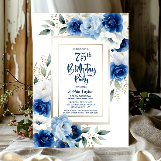 Blue Floral 75. Geburtstagsparty Einladung