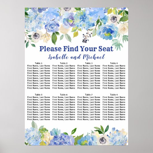 Blue Floral 8-Tisch Hochzeitskarte Poster (Vorne)