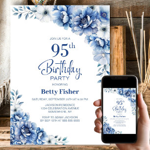 Blue Floral 95. Geburtstagsparty Einladung