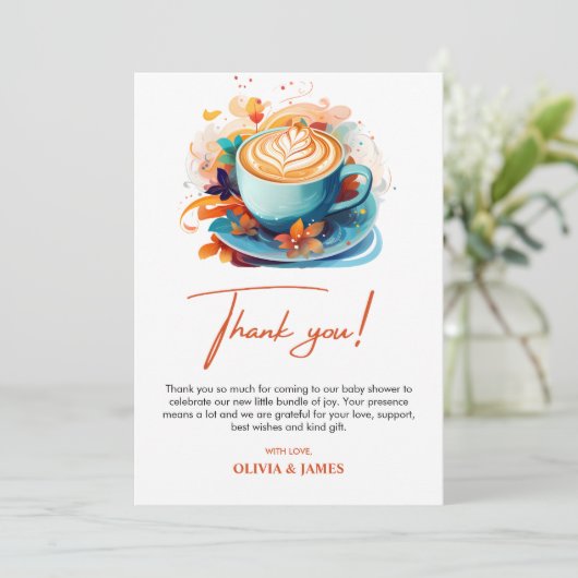 Blue Floral A Baby ist das Brechen der Coffee Baby Dankeskarte (Stehend Vorderseite)