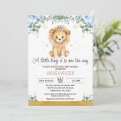 Blue Floral A Little King Lion Baby Dusche Einladung (Stehend Vorderseite)
