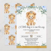 Blue Floral A Little King Lion Baby Dusche Einladung (Vorne/Hinten)