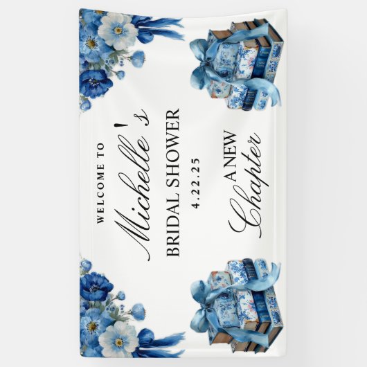 Blue Floral A New Chapter Brautparty Banner (Vertikal)