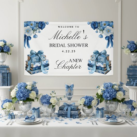 Blue Floral A New Chapter Brautparty Banner