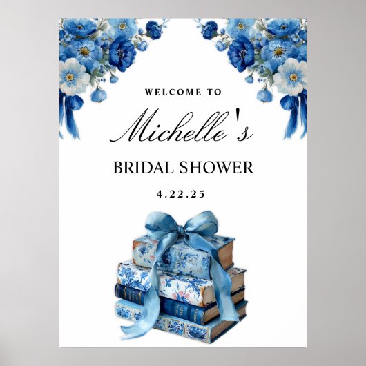 Blue Floral A New Chapter Brautparty Sign Poster (Vorne)