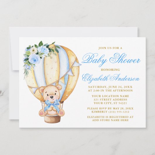Blue Floral Air Ballon Teddy Bear Baby Dusche Einladung (Vorderseite)