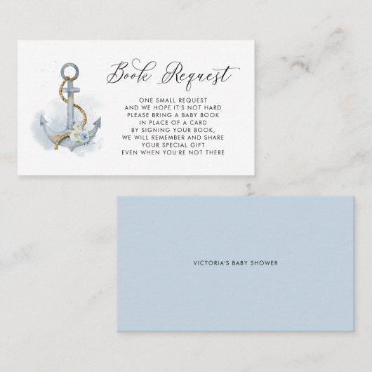Blue Floral Anchor Nautical Baby Book Request Card Platzkarte (Vorne/Hinten)