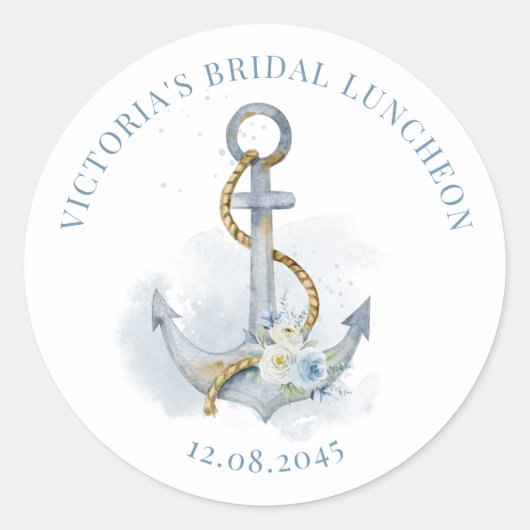Blue Floral Anchor Nautical Bridal Luncheon Runder Aufkleber (Vorderseite)