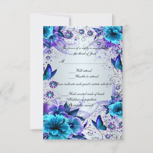 Blue Floral and Butterfly Response Card RSVP Karte (Vorderseite)