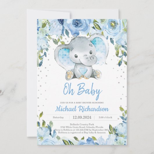 Blue Floral and Niedlich Elephant Boy Baby Shower Einladung (Vorderseite)