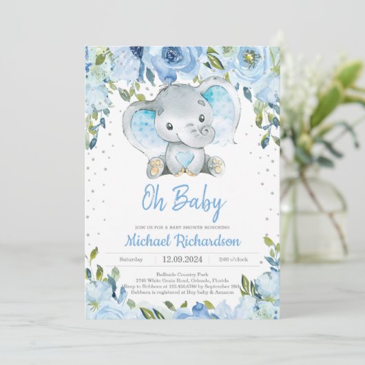 Blue Floral and Niedlich Elephant Boy Baby Shower  Einladung (Stehend Vorderseite)