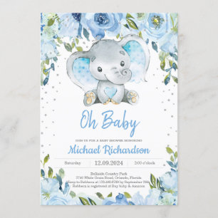 Blue Floral and Niedlich Elephant Boy Baby Shower Einladung