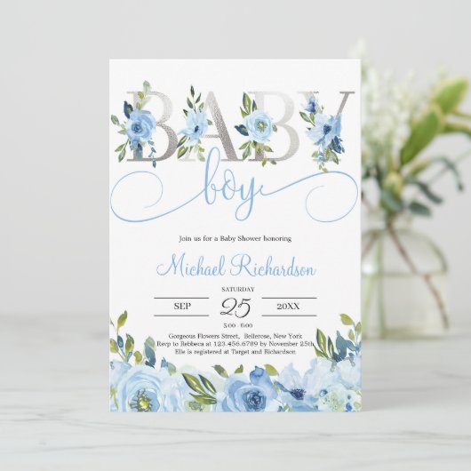Blue Floral and Silver Foil Boho Einladung (Stehend Vorderseite)