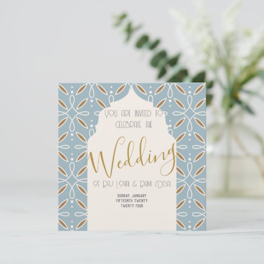 Blue Floral Arch Indien Inspiriert Hochzeitseinlad Einladung (Stehend Vorderseite)